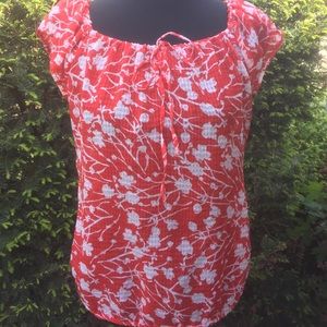 Gap Floral Summer Top Red White Drawstring Neck